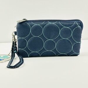 Thirty-One Navy Wristlet with Bag Charm and Teal Circle Pattern Hard To Find